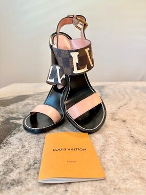 Louis Vuitton Pink Leather & Monogram Logo Ankle Strap Heels